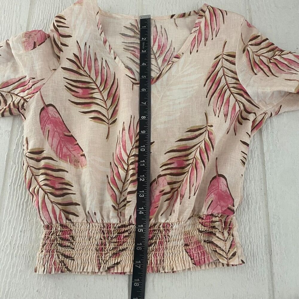 Tropical Print Women Crop Top Small Tie Sleeves Smocked Waist Barbie Vaca Resort - Picture 8 of 10